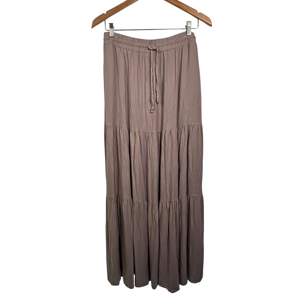 HAEOF Womens Tiered‎ Maxi Skirt Mauve Brown Rayon Elastic Drawstring Waist Large